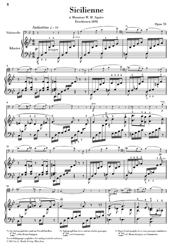 Sicilienne for Violoncello and Piano op. 78 - noty pro violoncello a klavír