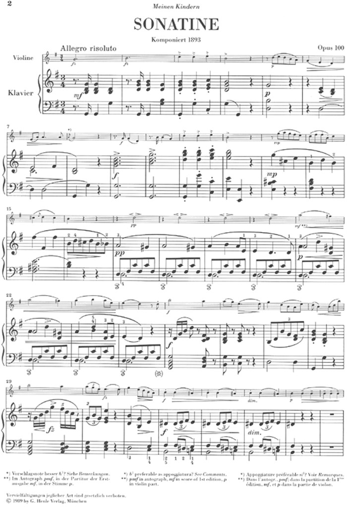 Sonatina For Piano And Violin In G Op.100 - noty pro housle a klavír