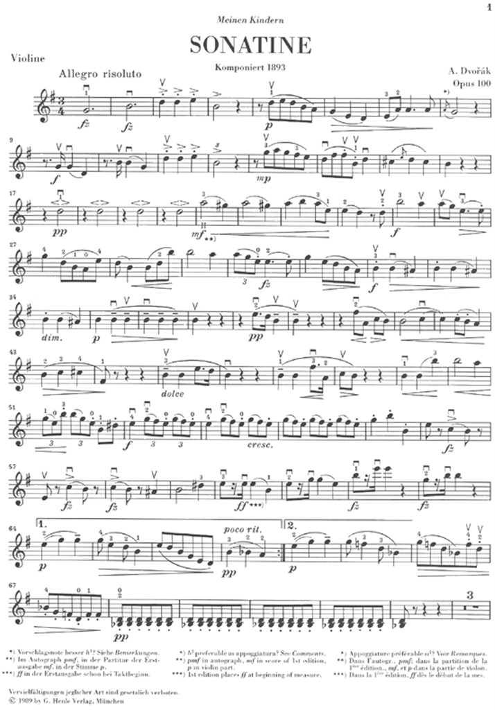 Sonatina For Piano And Violin In G Op.100 - noty pro housle a klavír