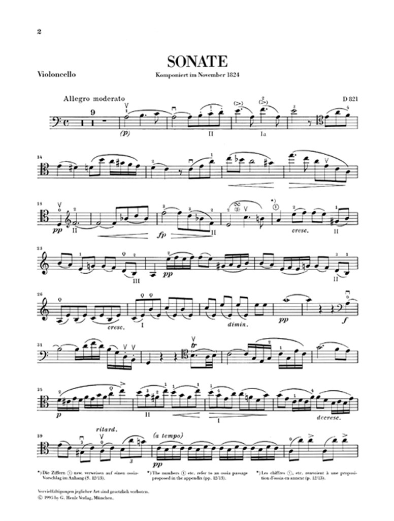 Sonata For Piano And Arpeggione In A Minor D 821 - Ausgabe für Violoncello