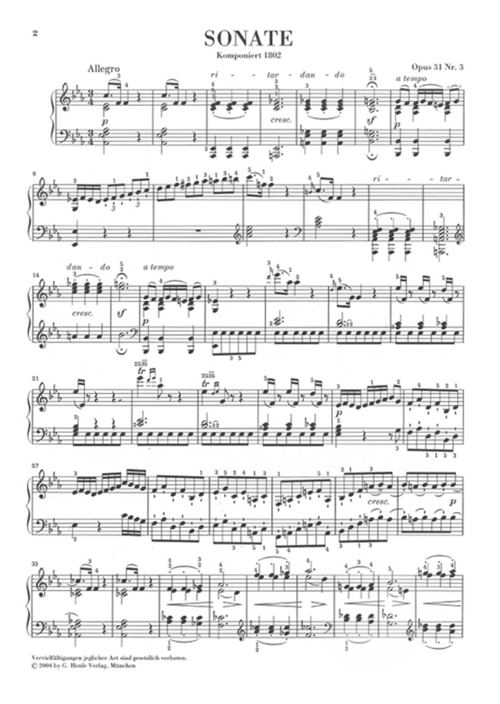 Piano Sonata In E Flat Op.31 No.3 - noty pro klavír