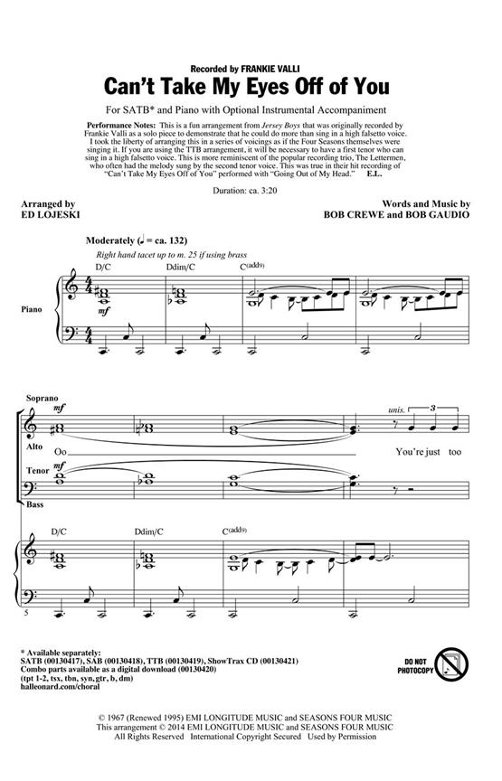 Can't Take My Eyes Off of You - from Jersey Boys - pro sbor SATB