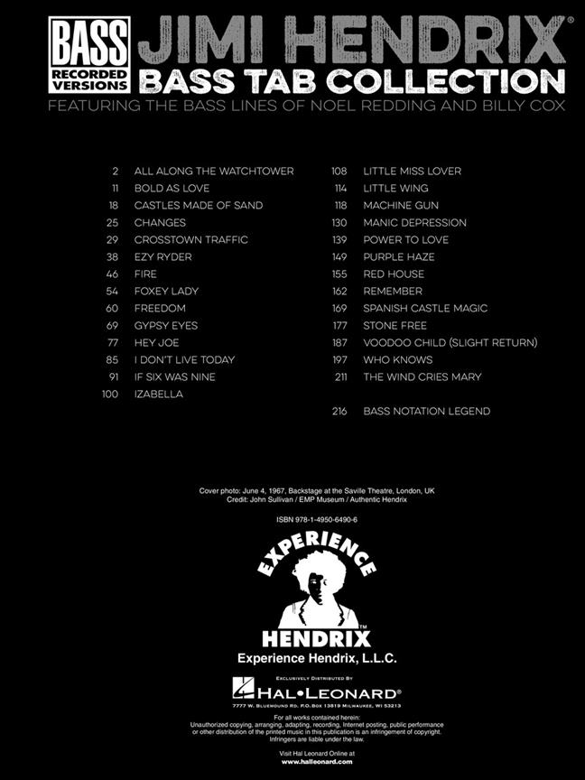 Jimi Hendrix Bass Tab Collection - Featuring the Bass Lines of Noel Redding and Billy Cox - noty na basovou kytaru