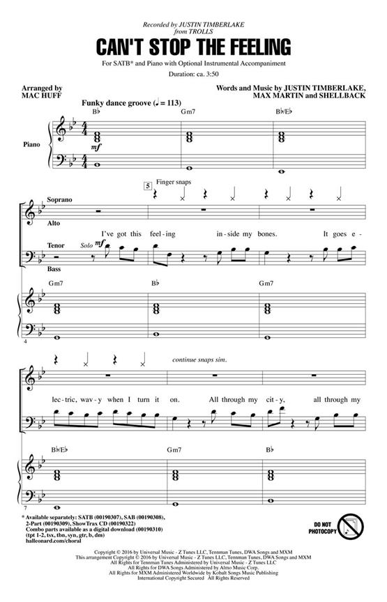 Can't Stop the Feeling - from TROLLS - pro sbor SATB