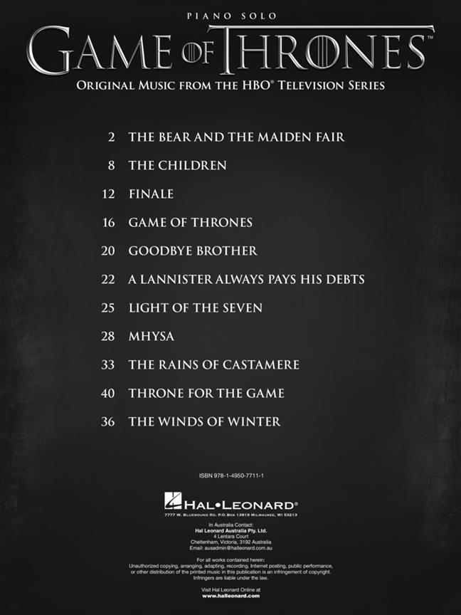 Game of Thrones - Original Music from the HBO Television Series - filmové melodie pro klavír