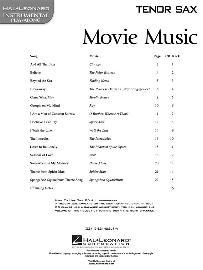 Movie Music - Tenor Saxophone - Instrumental Play-Along - tenor saxofon