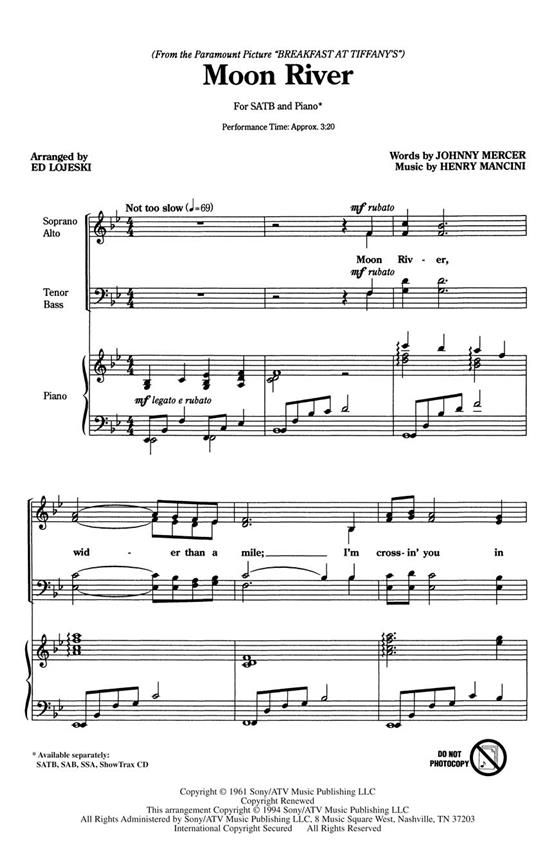 Moon River (SATB) noty pro sbor SATB a klavír