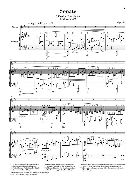 Sonata No.1 For Violin And Piano In A Major noty pro housle a klavír