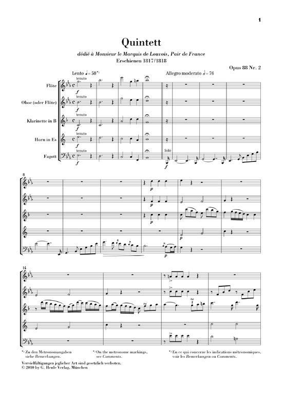 Bläserquintett Es-dur Opus 88 Nr. 2 - Quintet for Wind Instruments E flat major op. 88,2