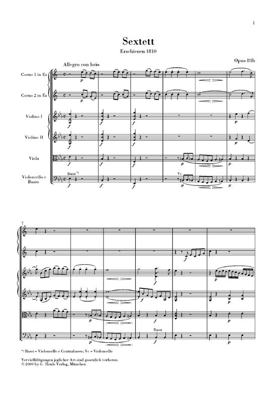 Sextet In E Flat Op.81b - Urtext Study Score - für zwei Hörner, zwei Violinen, Viola und Bass